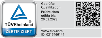 TÜV-Rheinland-Prüfzeichen von Thomas Schwittlich, geprüfte Qualifikation, gültig bis 26.02.2029